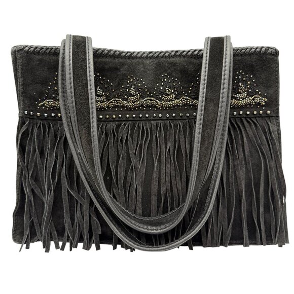 Cripple Creek Fringe Leather Shoulder Bag Black Beaded Studded Double Handles - Picture 2 of 15